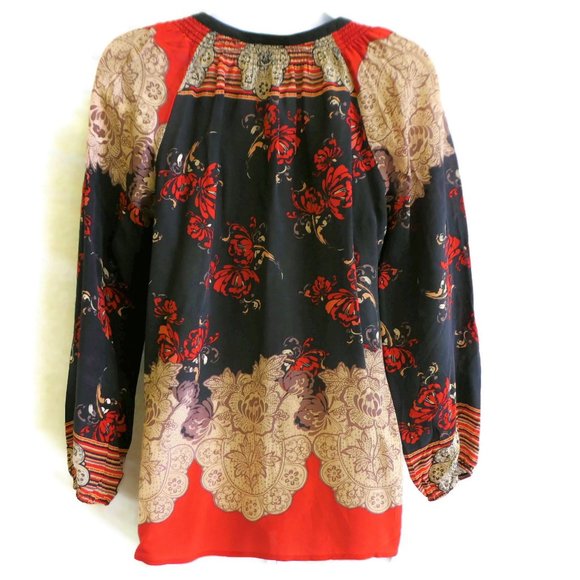 SiLK Meadow Rue Boho Top Pure Silk Moroccan Keyhole Smocked Tie Tassels XS - Picture 2 of 6